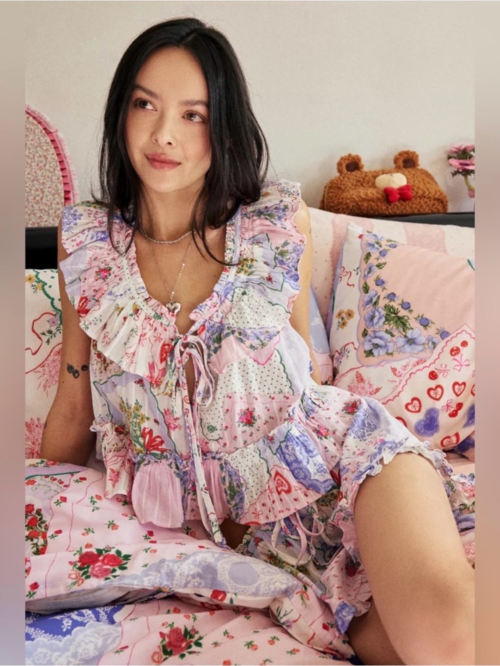Out from Under Floral Patchwork Ruffle Pajama Set